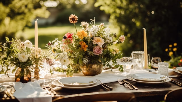 AI generated Table decor, holiday tablescape and dinner table setting in countryside garden, formal event decoration for wedding, family celebration, English country and home styling photo