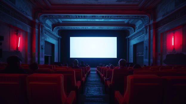 AI generated Modern cinema blank white screen mockup with red seats and audience enjoying a movie experience photo