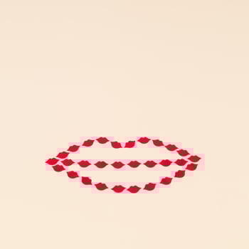 Creative love layout of lips shape made with red lips confetti on light beige background. Minimal love concept with kisses. Romantic style aesthetic idea. photo