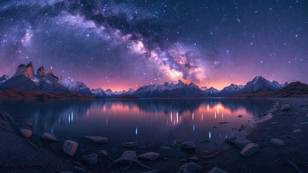 The Milky Way Illuminates the Sky, Revealing the Silhouettes of Beautiful Mountains and Rivers in a Serene and Majestic Landscape. photo