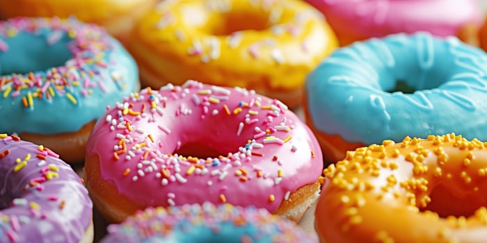 A Close-Up View of Donuts Featuring Multicolored Glazes, Showcasing the Tempting and Vibrant Array of Flavors. photo