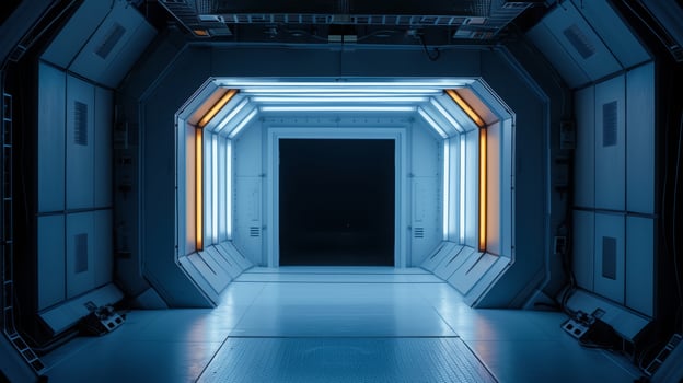 AI generated Realistic Illustration of a blue and orange Sci-Fi Corridor Interior photo