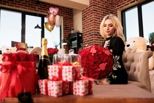 Attractive woman holding valentines day expensive gift, looking at camera with calm lovely facial expression. Cute girlfriend standing in living room filled with presents and red roses bouquet photo