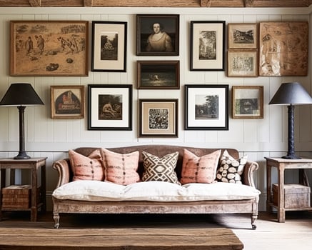 AI generated Cottage gallery wall, wall art, home decor and framed art in the English country house interior with antique furniture, room for diy printable artwork mockup and print shop photo