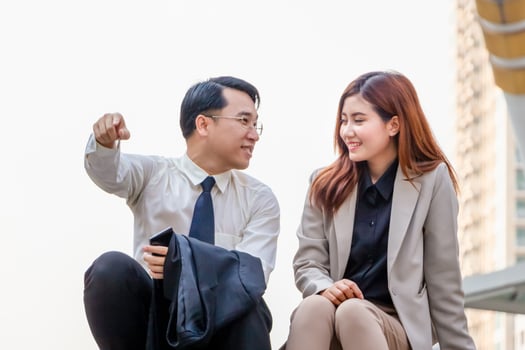 Business people meeting and sharing ideas, Young Asian business team discussing in the morning photo