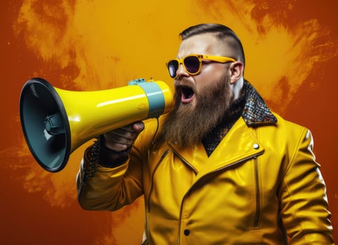 AI generated Big sale. Emotional portrait of marketing professional with megaphone. photo