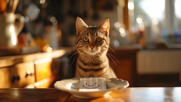AI generated April Fool's Day Prank. Cat Is Tricked with an Empty Bowl Featuring a Cheeky Smiley. AI Generated photo