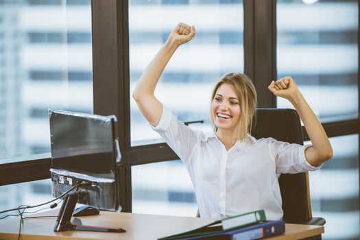happy business employee office woman smiling cheerful from good news. success job done businesswomen. photo