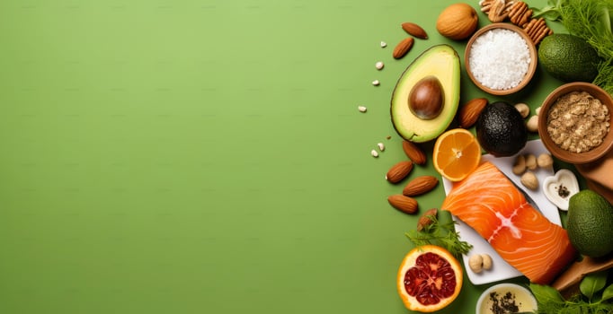 AI generated Top View of a Keto-Friendly Feast Featuring Salmon, Avocado, Eggs, and Seeds photo