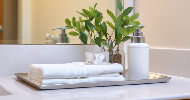 AI generated A Close-Up of a Bathroom Vanity Set with Face Towels, Hand Soap, and a Plant, on a Luxurious Marble Surface photo