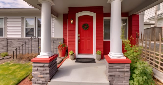 AI generated A Charming Home Entrance Featuring a Red Door Under a Pitched Roof, Complemented by Pillars and a Cozy Porch photo