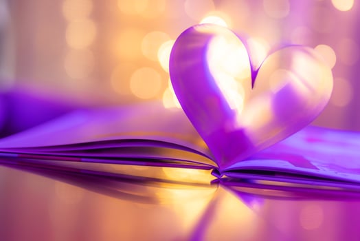 Closeup love Valenstines day design. Perfect heart shape book pages romantic. Vintage style copy space text lights reflections. Beautiful February Valentine day artistic background. Couple anniversary photo
