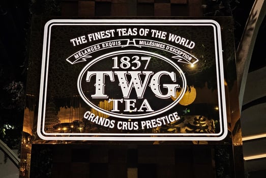 BANGKOK, THAILAND  OCTOBER 31, 2023 TWG Tea Sign. a Singaporean luxury teahouse chain and a namesake brand of artisanal tea, was founded in 2008. photo