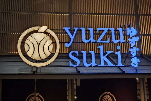 BANGKOK, THAILAND SEPTEMBER 23, 2023 Yuzu suki Sign. Yuzu suki is a premium food and beverage restaurant chain based in Thailand. photo