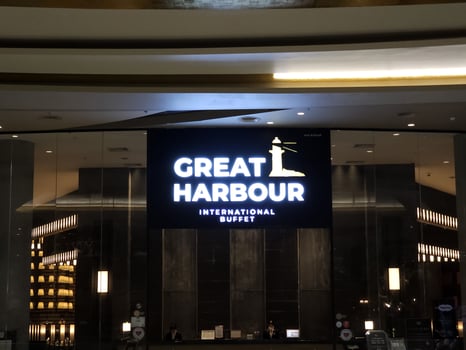 BANGKOK, THAILAND JULY 19, 2023 Great Harbour Sign. Great Harbour is famous international buffet restaurant in Thailand that is located at 6th floor, ICONSIAM Bangkok. photo