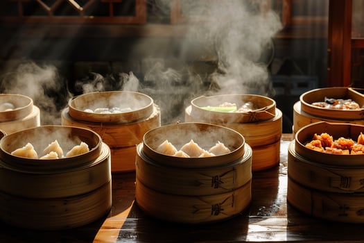 AI generated A traditional Chinese dim sum in bamboo steamers. Generative AI. photo