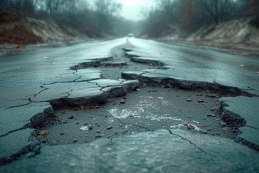 AI generated Road crack in the road and car moving on asphalt surface photo