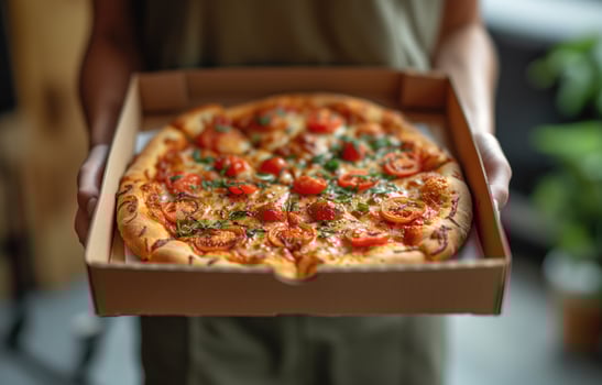 AI generated Open box with delicious pizza in hand photo