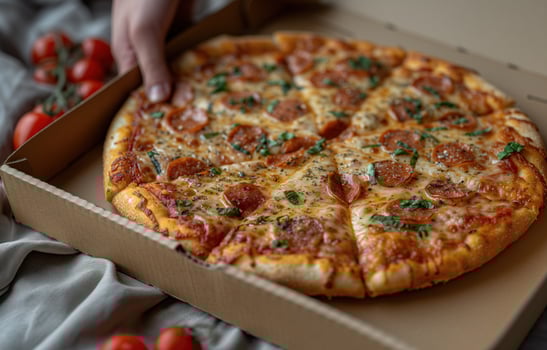 AI generated Open box with delicious pizza in hand photo