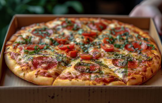 AI generated Open box with delicious pizza in hand photo