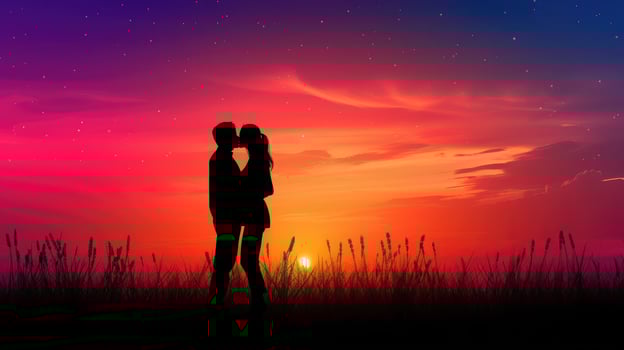 AI generated silhouette Romantic couple lovers hug and kiss at colorful sunset on background love concept photo