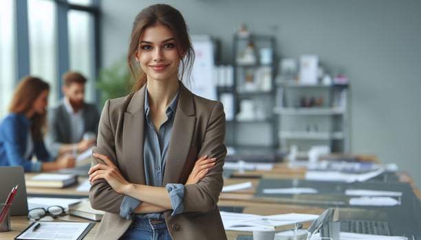 AI generated Female business leader standing in modern workplace and looking at camera Working woman wearing a brown suit photo