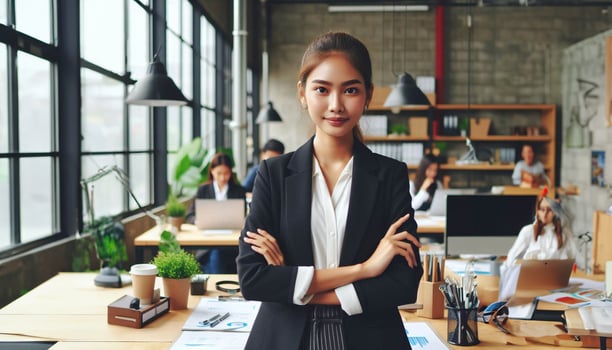 AI generated Female business leader standing in modern workplace and looking at camera, young Asian woman in working age photo