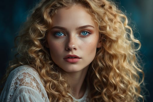 AI generated A stunning portrait of a model girl with piercing blue eyes and cascading golden curls photo
