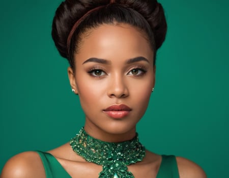AI generated Portrait of a young beautiful woman in a green dress. photo