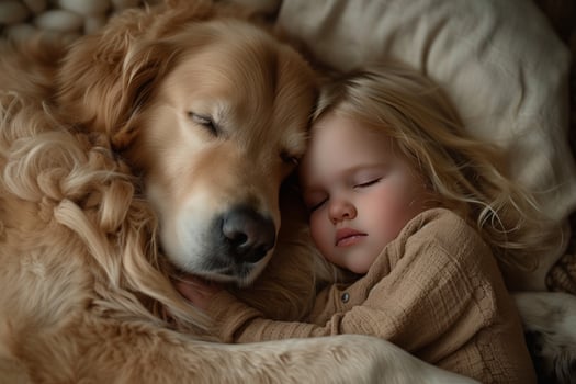 AI generated Gentle Golden Retriever cuddling with a sleepy toddler, radiating pure love photo
