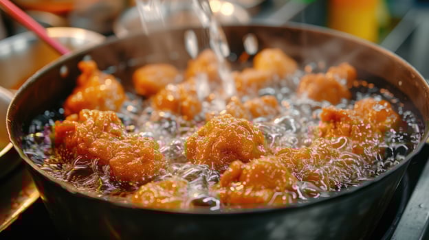 AI generated Fried chicken in the boiling oil. Unhealthy food, street food, chicken fried in the cooking oil. Golden color, home cooking delicious crispy fast food. photo