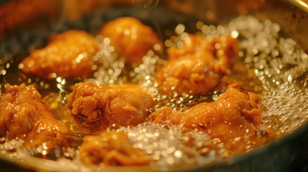 AI generated Fried chicken in the boiling oil. Unhealthy food, street food, chicken fried in the cooking oil. Golden color, home cooking delicious crispy fast food. photo