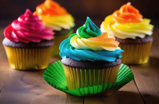 AI generated St. Patrick's Day, traditional Irish pastries, national Irish cuisine, rainbow cupcakes decorated with colorful cream, homemade dessert, Symbol of the LGBT pride community photo