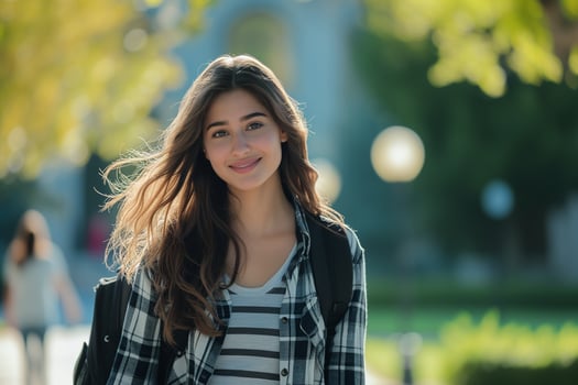 AI generated college girl in a casual yet stylish outfit with a backpack slung over one shoulder photo