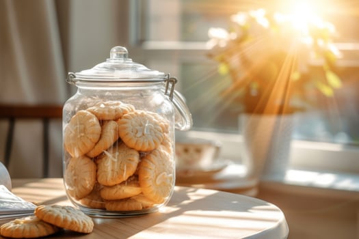 AI generated Transparent glass jar with cookies in the interior of stylish kitchen. Generative AI photo