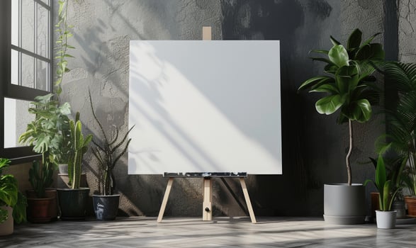 AI generated Blank canvas hanging on a wooden easel standing against gray wall in a room with plants photo