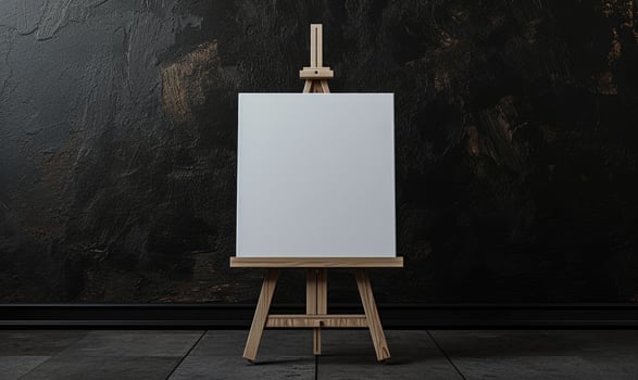 AI generated Wooden easel with blank canvas standing near black wall, mockup photo