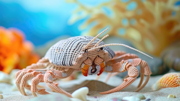 AI generated Crocheted horseshoecrab toy vibrant backdrop, handcrafted and adorable, Ai Generated photo