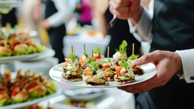 AI generated Waiter gracefully presents appetizers on a plate at festive event, Ai Generated photo