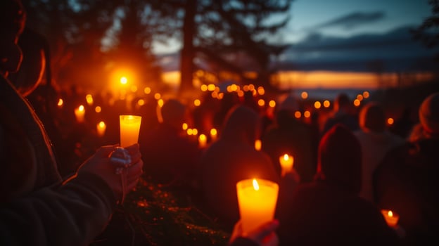 AI generated A group of people attending a sunrise Easter service, holding candles in the early morning light. photo