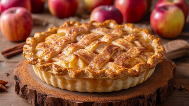 AI generated A homemade apple pie, golden-brown crust, filled with cinnamon-spiced apples, a symbol of American comfort. photo
