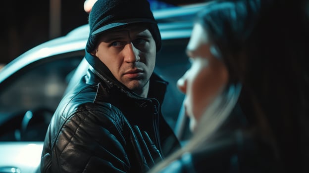 AI generated Bandit robs man's car. He is threatening her then man is shocked in the car on parking area photo