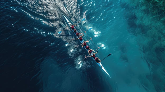 AI generated Aerial drone top ultra wide panoramic view of sport canoe rowing synchronous team of athletes competing in deep blue sea photo