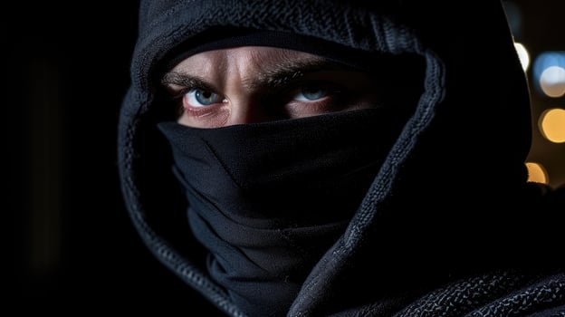 AI generated Criminal wearing black balaclava and hoodie in the dark photo