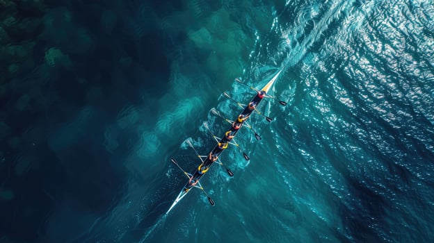 AI generated Aerial drone top ultra wide panoramic view of sport canoe rowing synchronous team of athletes competing in deep blue sea photo