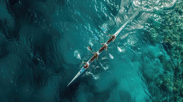 AI generated Aerial drone top ultra wide panoramic view of sport canoe rowing synchronous team of athletes competing in deep blue sea photo