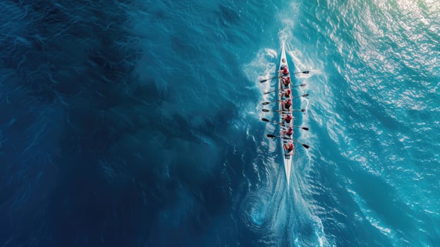 AI generated Aerial drone top ultra wide panoramic view of sport canoe rowing synchronous team of athletes competing in deep blue sea photo