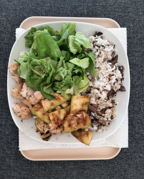 Homemade grilled chicken with grilled zucchini, green salad, rice Pilaf with mushrooms photo