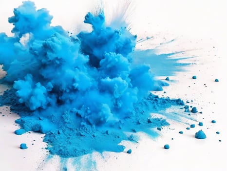 AI generated bright cyan blue holi paint color powder festival explosion burst isolated white background. industrial print concept background photo