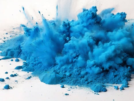 AI generated bright cyan blue holi paint color powder festival explosion burst isolated white background. industrial print concept background photo